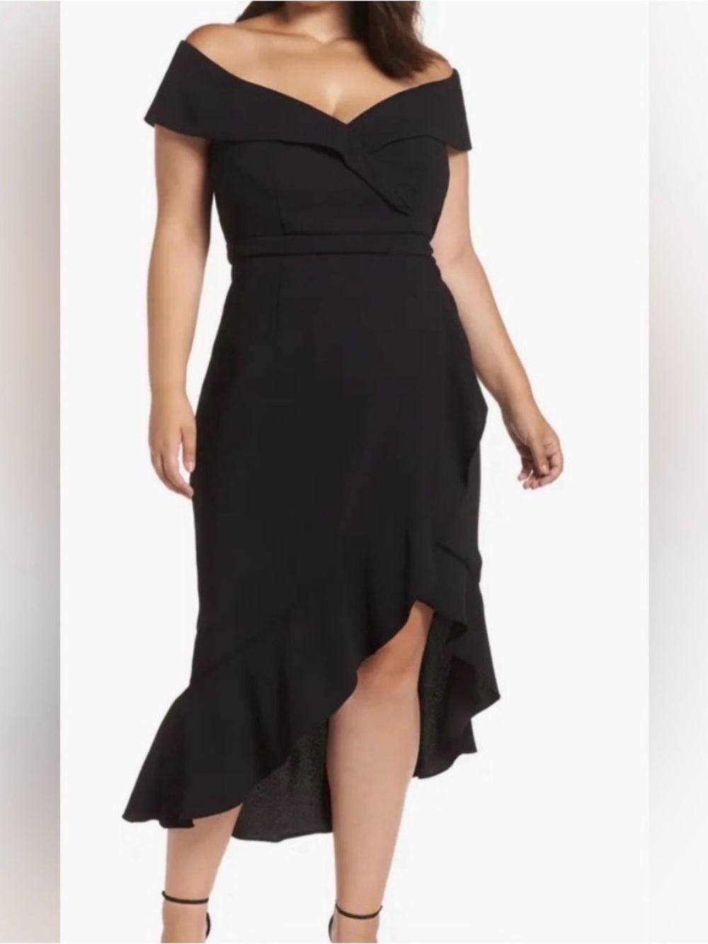 Xscape Black Off-the-Shoulder Asymmetrical Ruffle Midi Dress